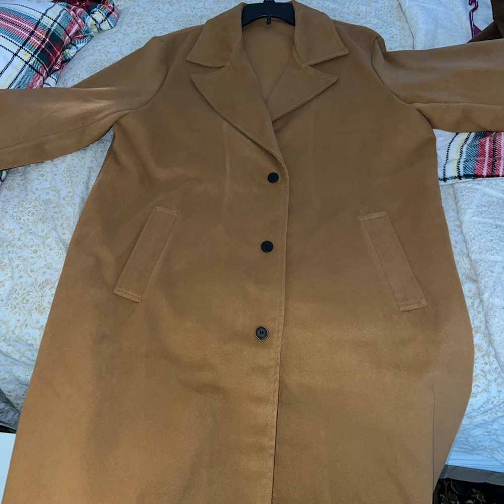 Stylish Tan Overcoat with Black Buttons